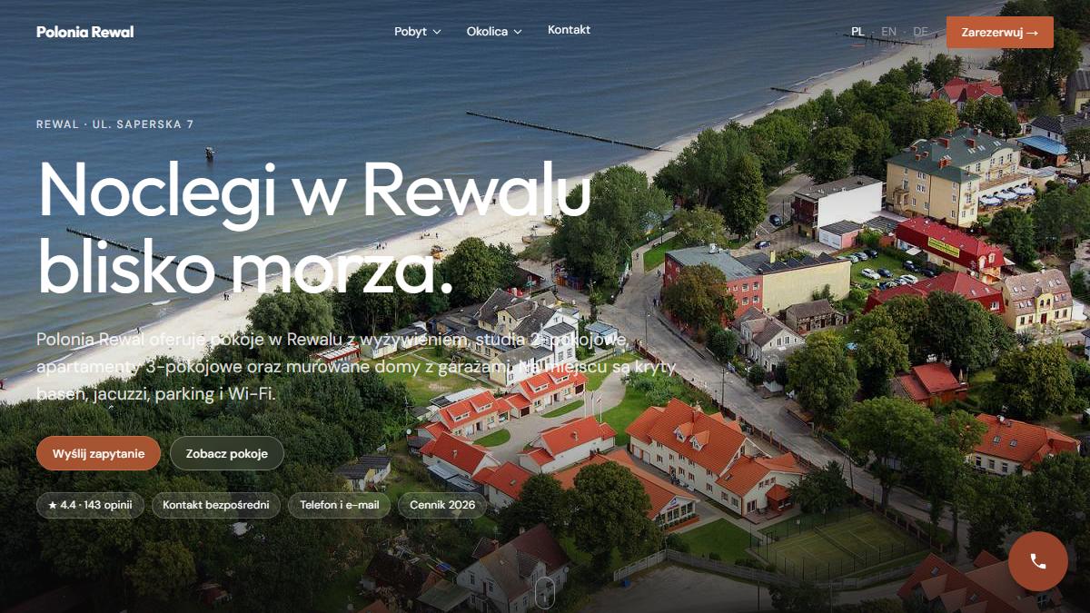 Podgląd strony polonia-rewal.pl: oferta ośrodka wypoczynkowego w Rewalu.