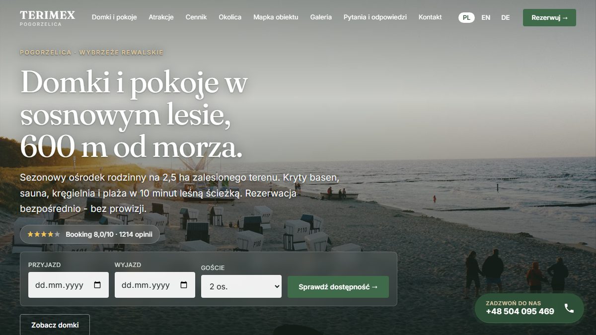 Podgląd strony osrodek-terimex.pl: ośrodek rodzinny w Pogorzelicy z domkami i pokojami blisko morza.